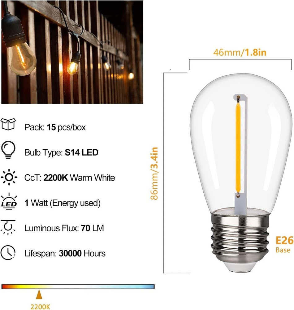 Waterproof S14 LED Light Bulbs Outdoor String Lights Replacement E26 Base 15Pack