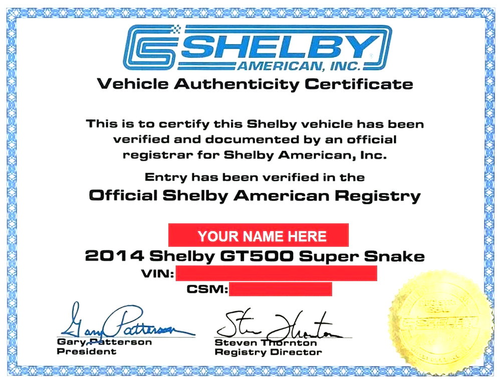 🔴 PERSONALIZED Replica Shelby Vehicle Authenticity Certificate on Cardstock 🔴