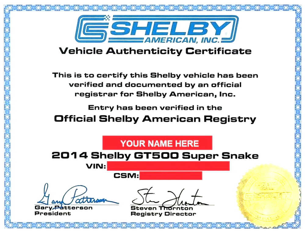 🔴 PERSONALIZED Replica Shelby Vehicle Authenticity Certificate on Cardstock 🔴