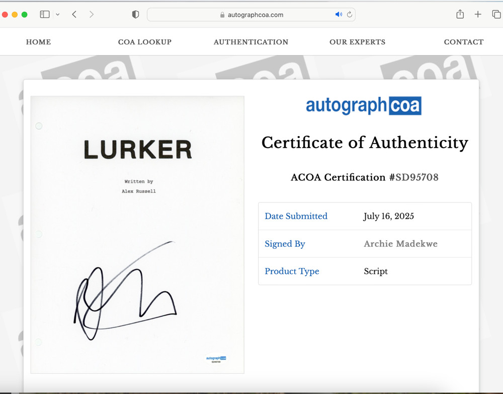ARCHIE MADEKWE SIGNED FULL 109 PAGE LURKER SCRIPT AUTOGRAPH ACOA COA