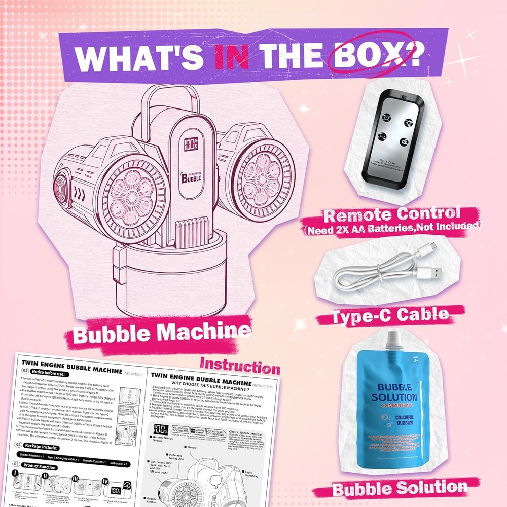 Dual-Engine Bubble Machine with RGB Lights & Remote Control, 150° Auto Rotation,