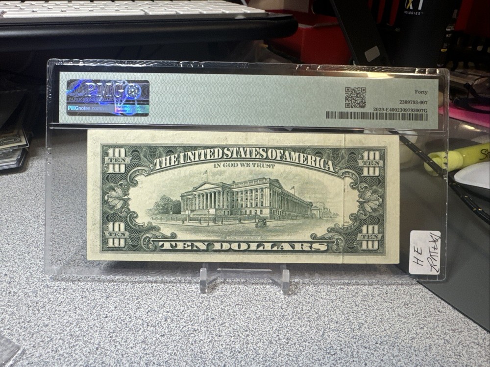 1990 $10 FRN ( RICHMOND “E”) ERROR ♚♚LARGE GUTTER FOLD♚♚ PMG 40