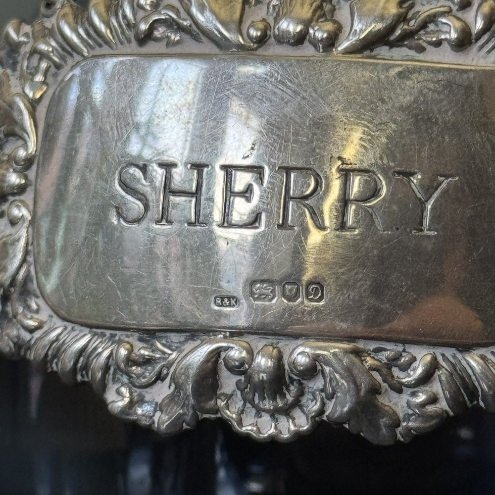 Hallmarked Sterling Silver SHERRY Decanter Label, 1978, London, Shell Pattern