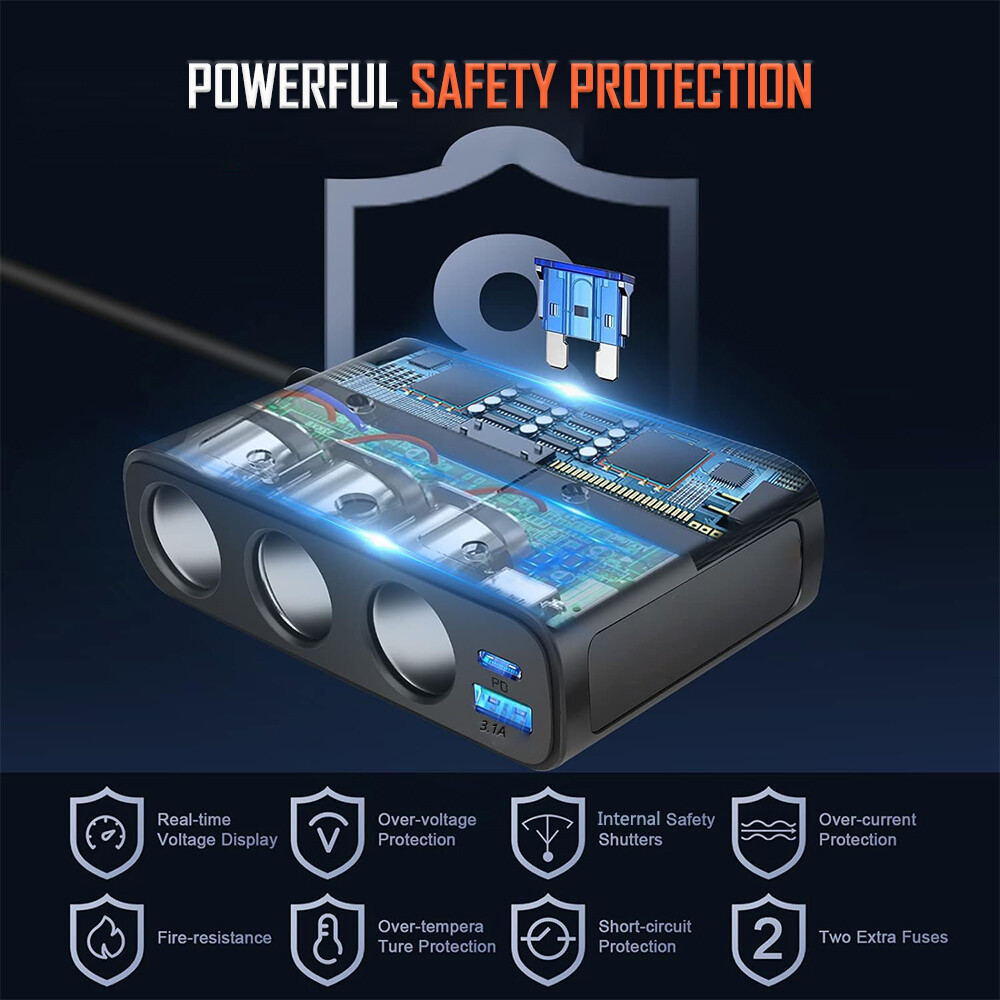 Multi Car Cigarette Lighter Socket Expander Splitter USB C Power Adapter Charger