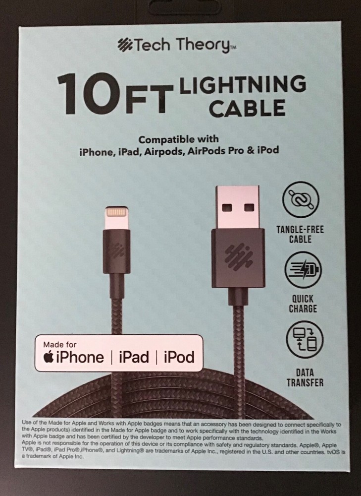 NEW Tech Theory 10ft Cable Compatible with iPhone, iPad, iPod-Charge/Transfer