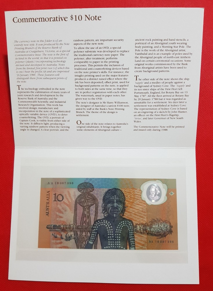 1988 AUSTRALIAN  $10 FRASER/JOHNSTON FIRST POLYMER NOTE FOLDER AA 18 067 596