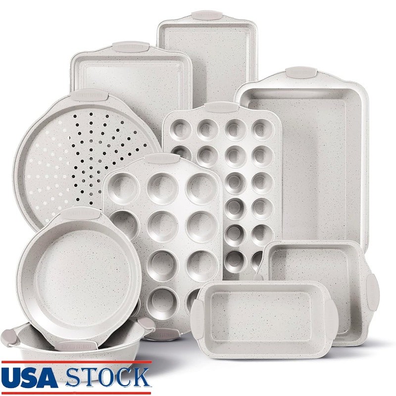 Stackable Nonstick Bakeware Set W/ Silicone Handles 10 Piece Nesting Pans New