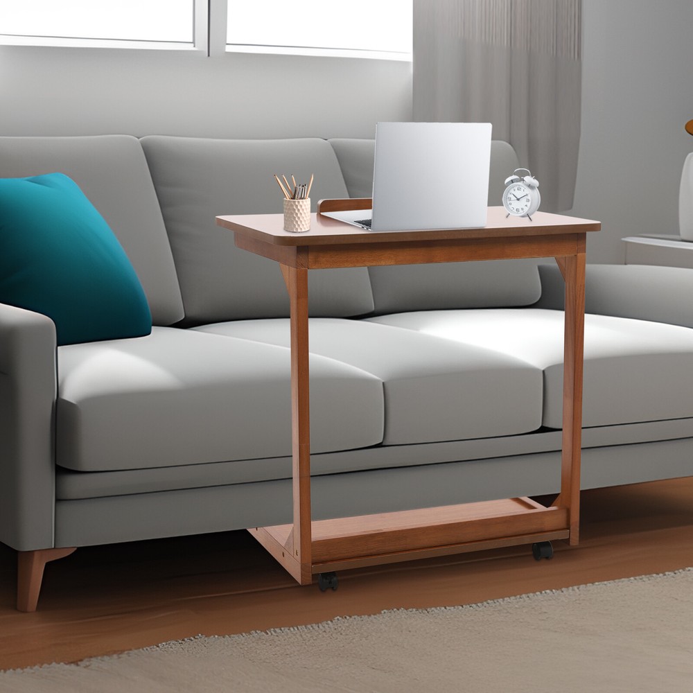 2-tier Walnut-Colored Adjustable Angle C-Shaped End Table With 4-Wheels 55.12lbs