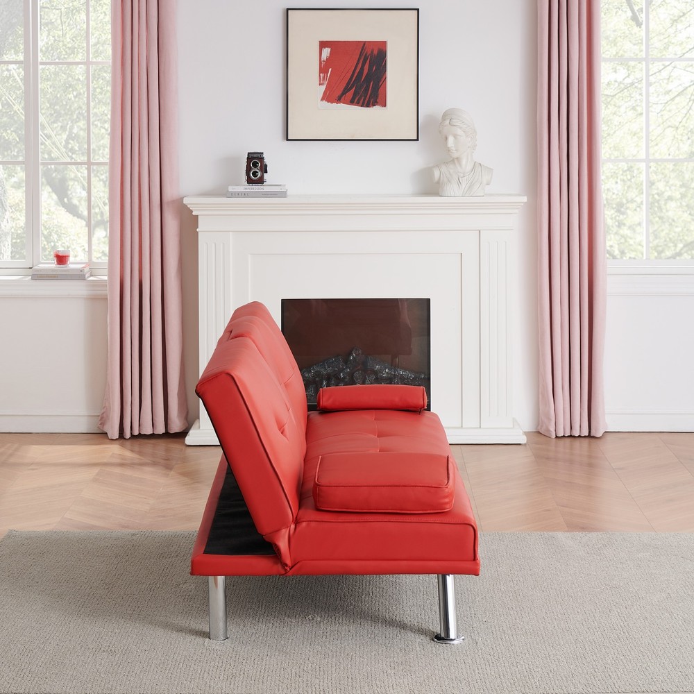 67-inch Red Leather Multifunctional Double Folding Sofa Bed with Coffee Table