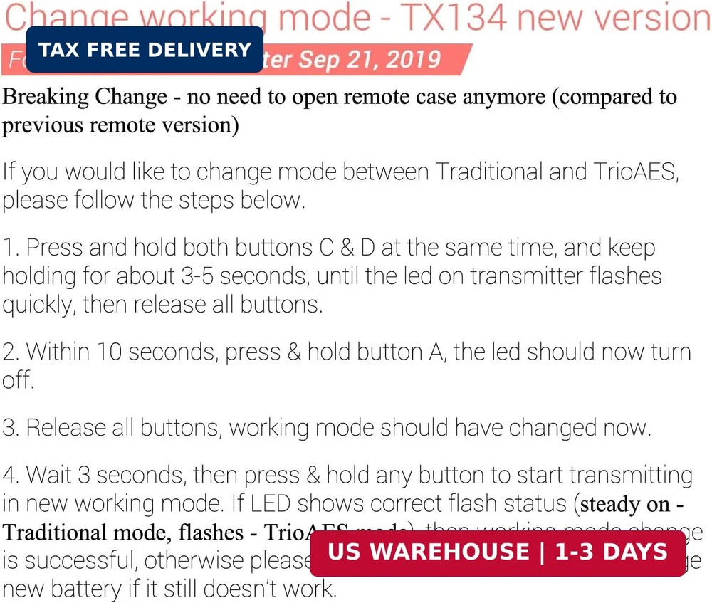 Secure Rolling Code Remotes, 2 Pack, Compatible with KIT-1 & KIT-2 (TX-134)