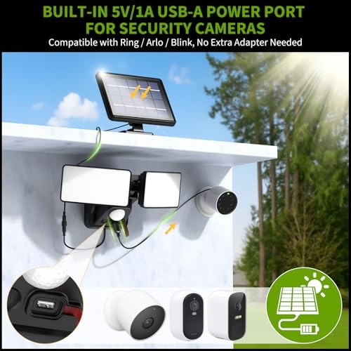 Solar Security Light with USB Power for Cams, Detachable Solar Panel & 15ft