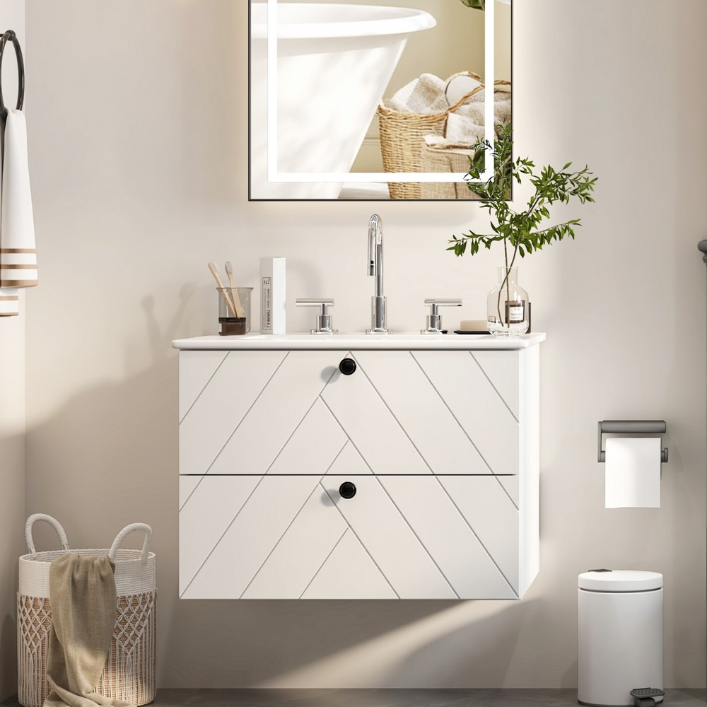 Floating Wall-Mounted Vanity Set with Ceramic Sink, Soft-Close Drawers White