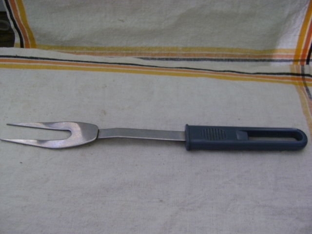 Stainless Steel & Blue Rubber Handle Meat Fork Serving Fork ~ 12.5" Long~