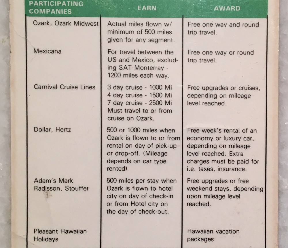 Vintage Ozark Airlines Frequent Flyer Program Quick Reference Laminated Card