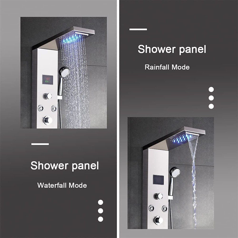 Rain&Waterfall LED Light Shower Panel Tower System Massage Jet Brushed Nickel