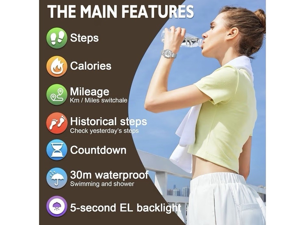 TIMEURE Silver Digital Pedometer Watch with Light and Step Counter