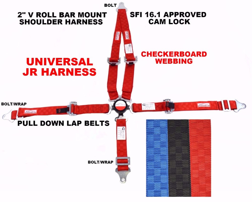 JR DRAGSTER UNIVERSAL V HARNESS CAM LOCK 2" SFI 16.1 PULL DOWN RED CHECKERBOARD