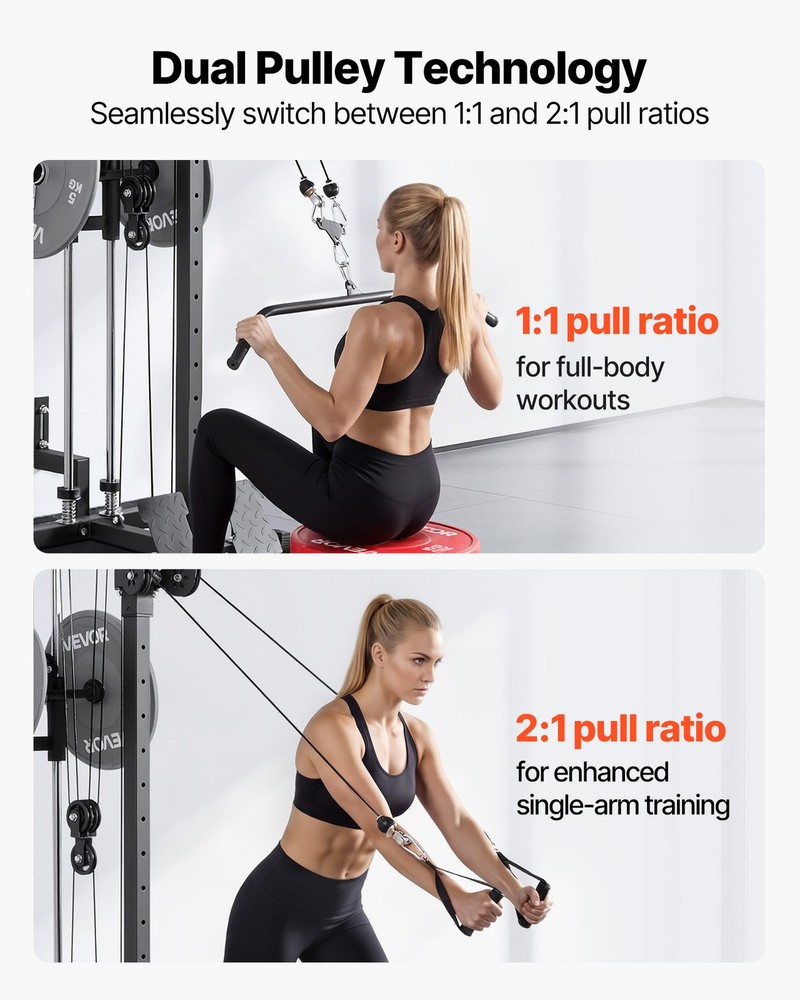 VEVOR LAT Pull Down Machine 3-in-1 Row Cable Machine with Wall-Mount Design