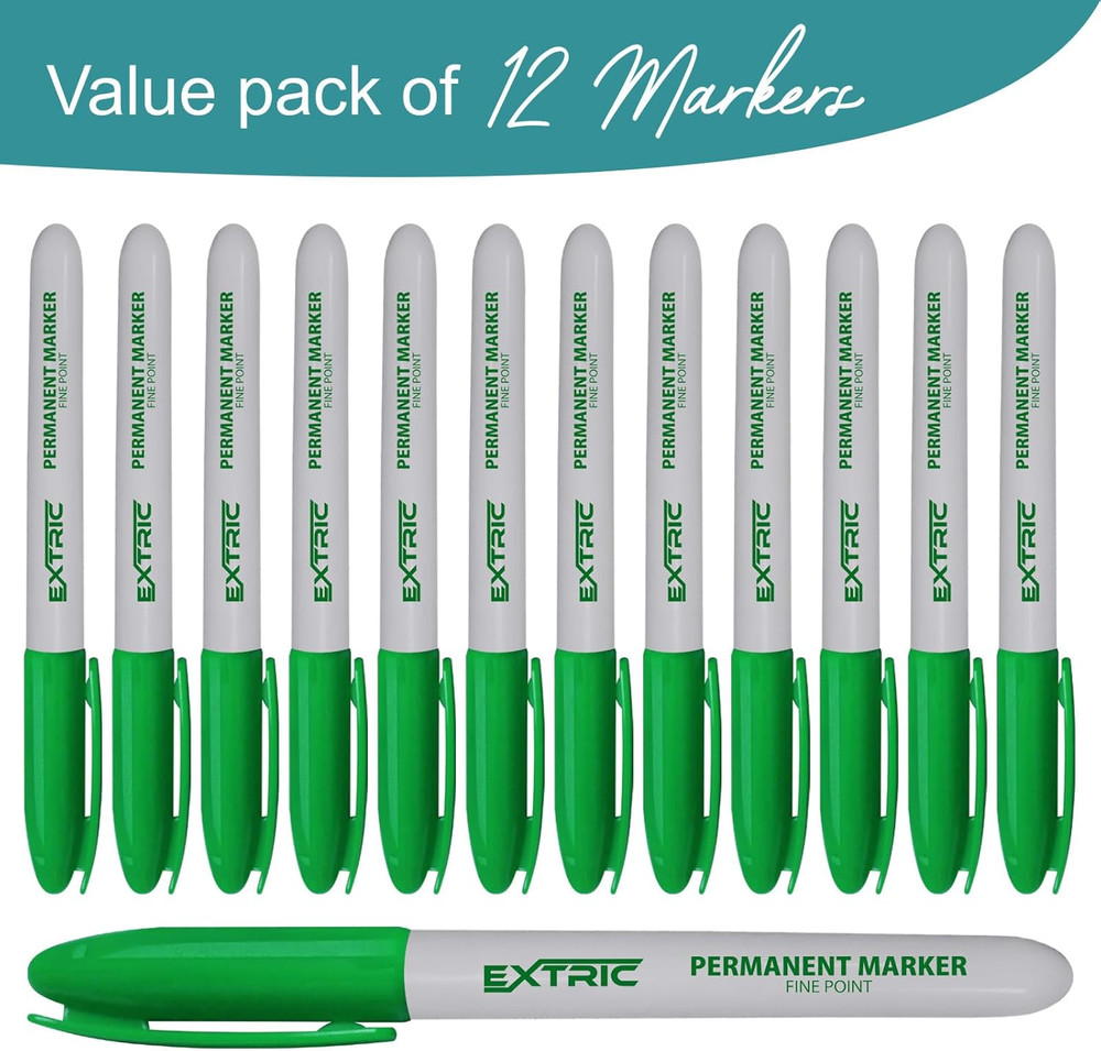 Permanent Markers Green, 12 Count Fine Point Markers, Quick Drying, Work