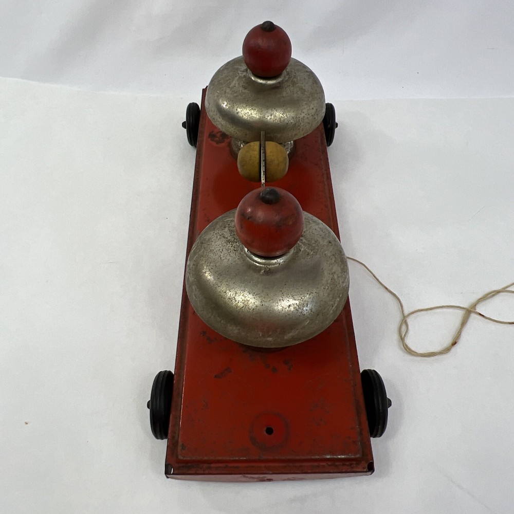 Vintage Pressed Steel Pull Toy - Double Bell No String Marx Red Tin