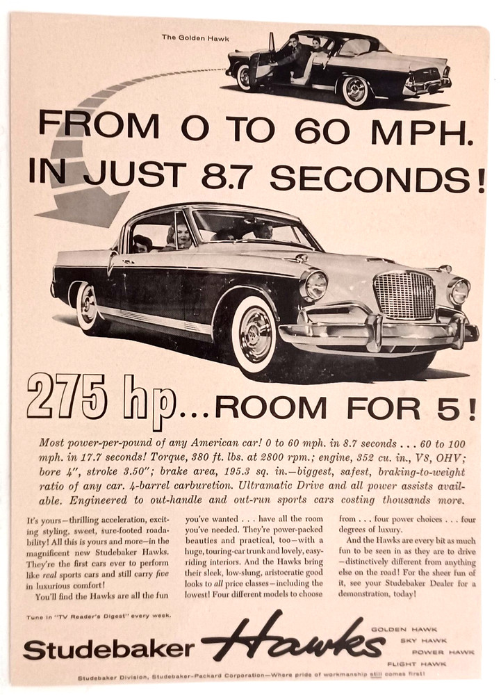 1956 Studebaker Hawk Original Magazine Ad Laminated for Protection