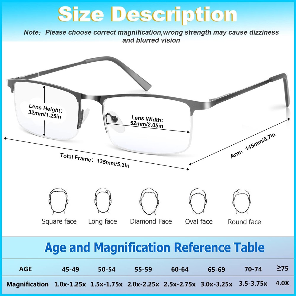 3 Pack Blue Light Blocking Reading Glasses for Men, Stylish Half Frame Metal ...
