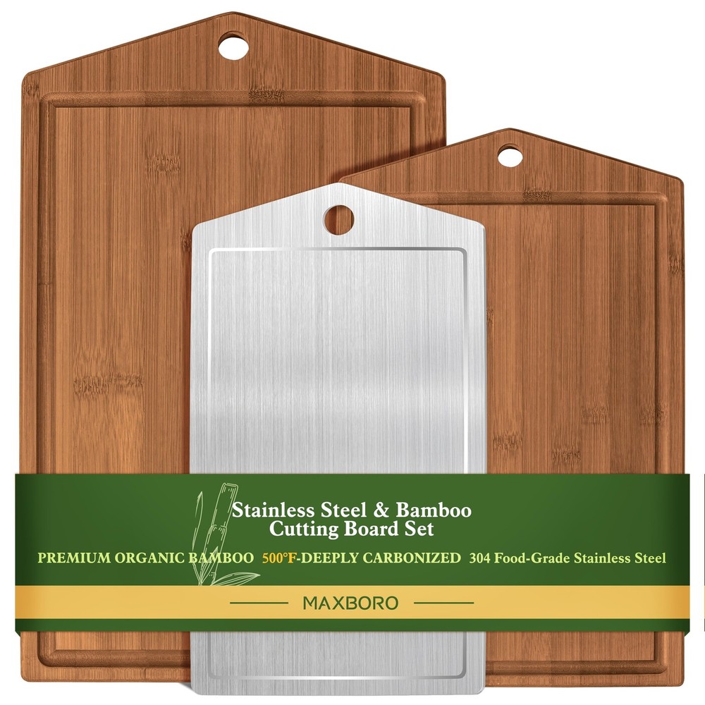 Maxboro Bamboo Cutting Board Set for Kitchen, Detachable Stainless Steel Desi...