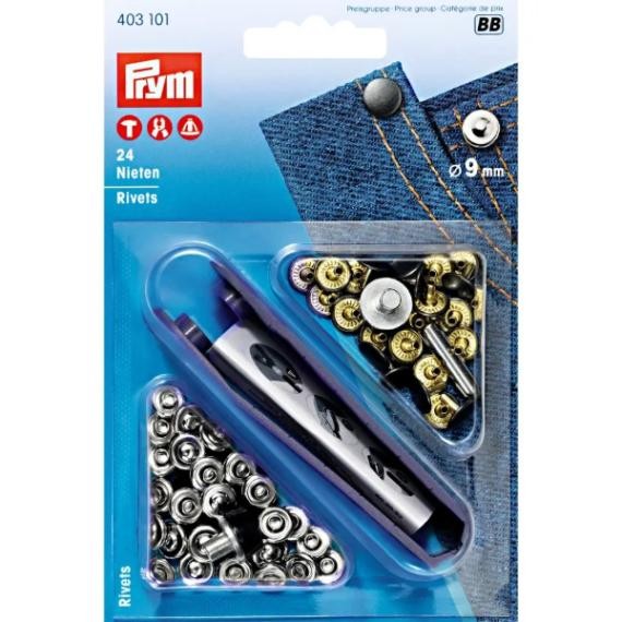 Prym Denim Rivets 9mm, 24 Sets with Setting Tool (403101)