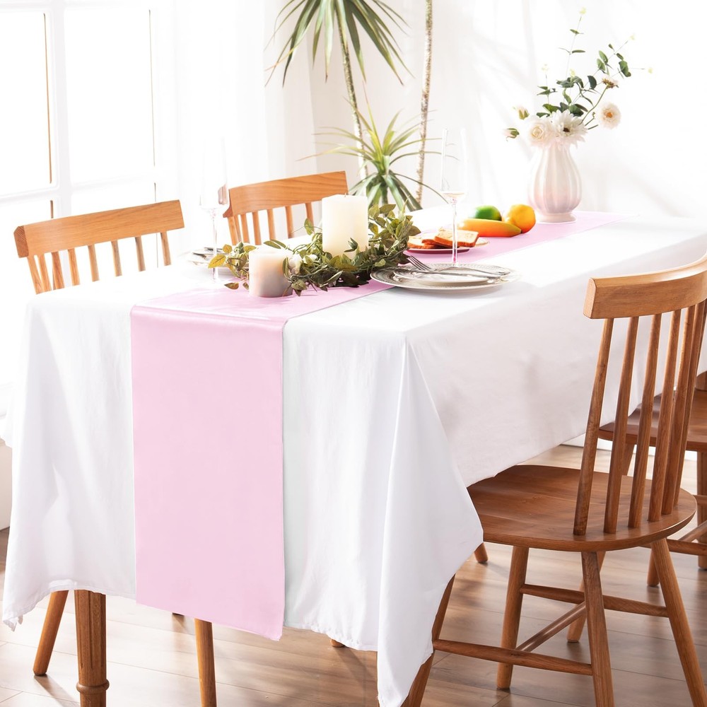 5 Pack Light Pink Satin Table Runner 12x108 Inch Bright Silk Smooth Fabric