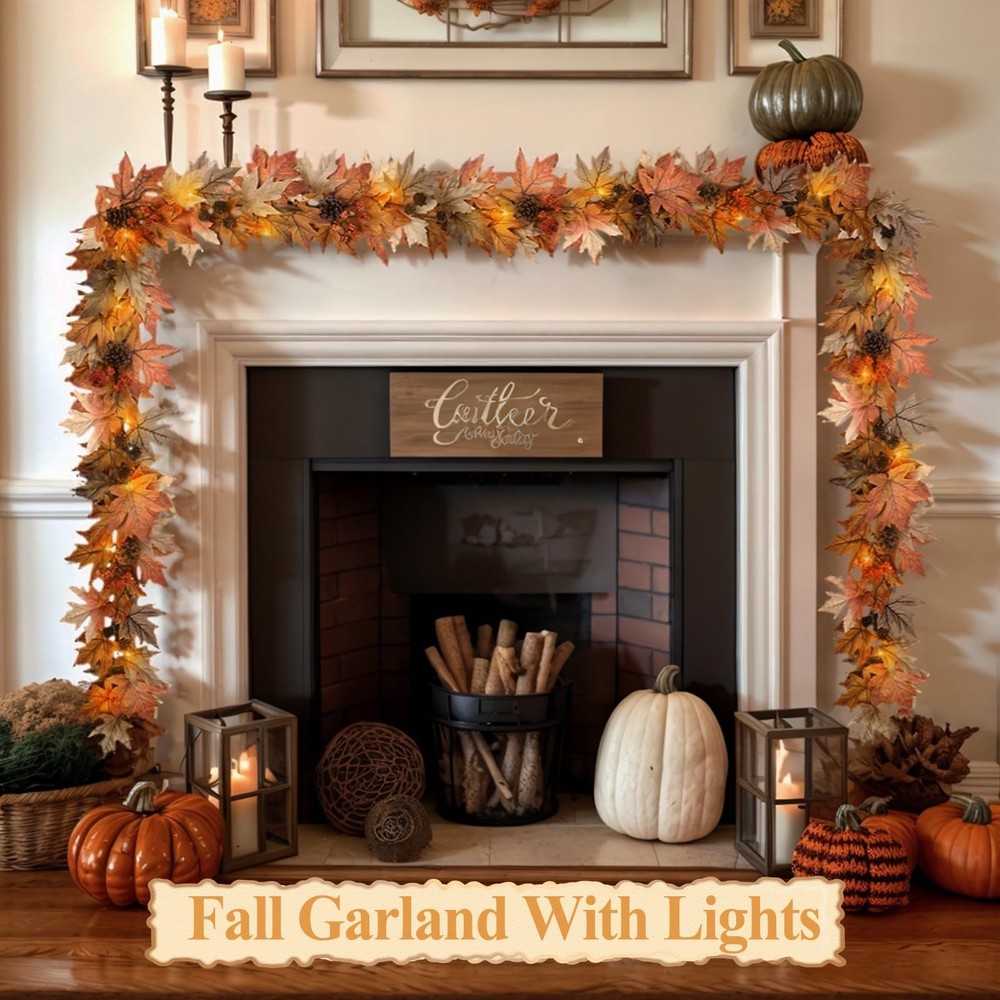 6 FT Fall Garland with Lights Timer Function Fall Leaves Garland with Berries...