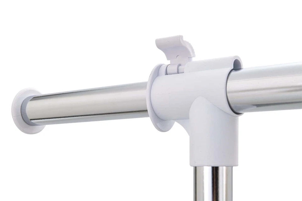Adjustable Rolling Garment Rack Chrome White Metal Shoe Storage Space Saving NEW