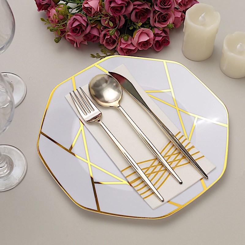 10 WHITE GOLD 10" Octagon DISPOSABLE DINNER PLATES Geometric Party Tableware