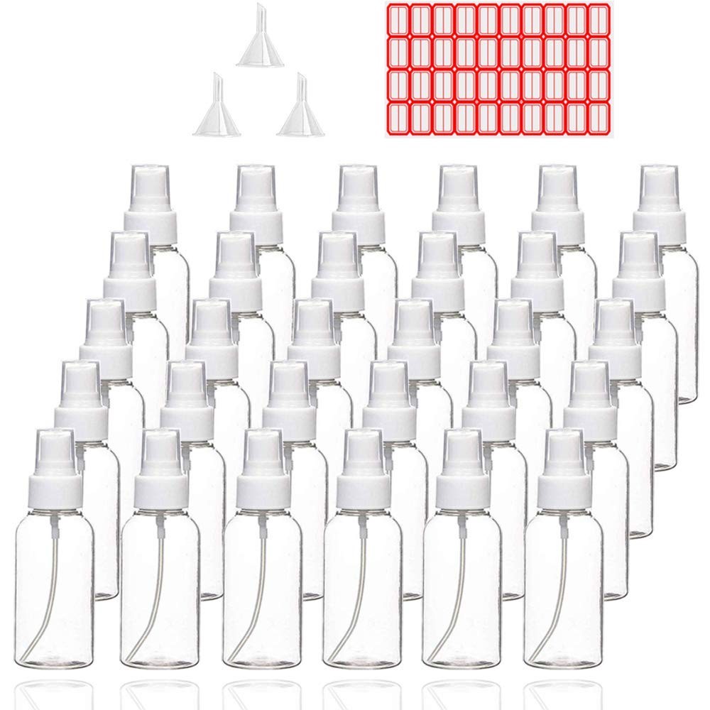 Refillable Mini 30ml Plastic Spray Bottles with Funnels & Labels - 30 Pack