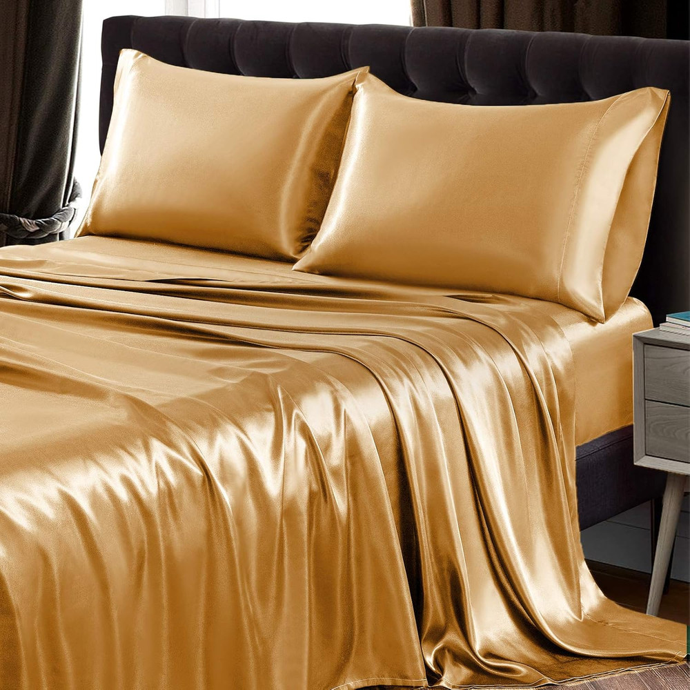 Queen Satin Sheet Set Gold 4PCS Silky Soft Deep Pocket Bedding