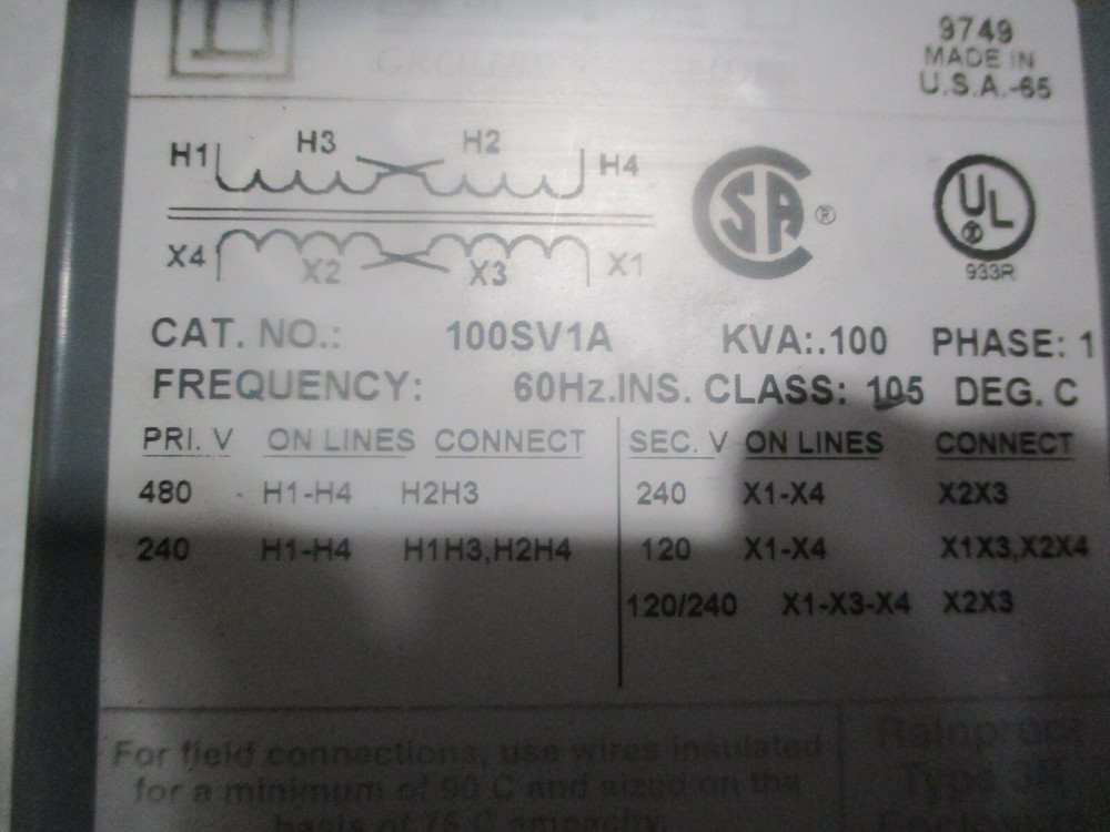 Square D Model: 100SV1A Transformer. .100 KVA, Single Phase