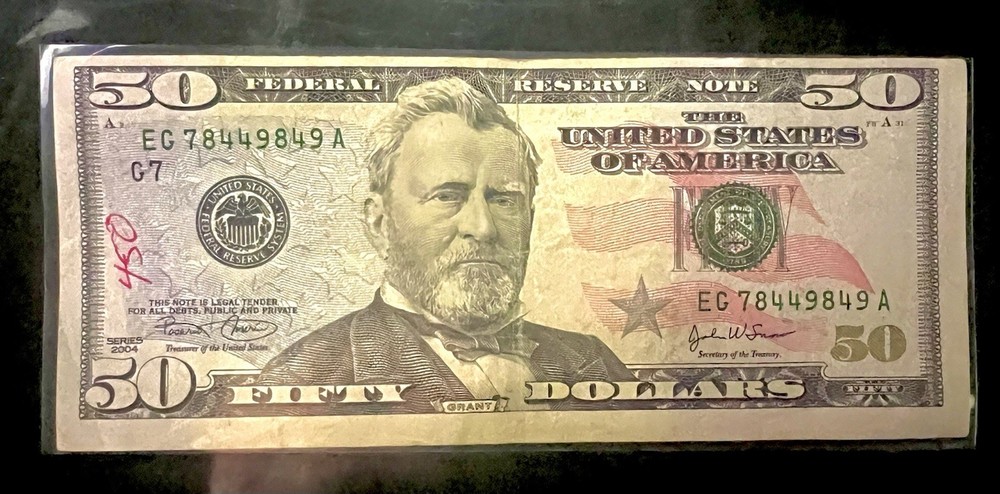 MISALIGNED OFF CENTERED ERROR 50 DOLLAR SERIES 2004 US BILL
