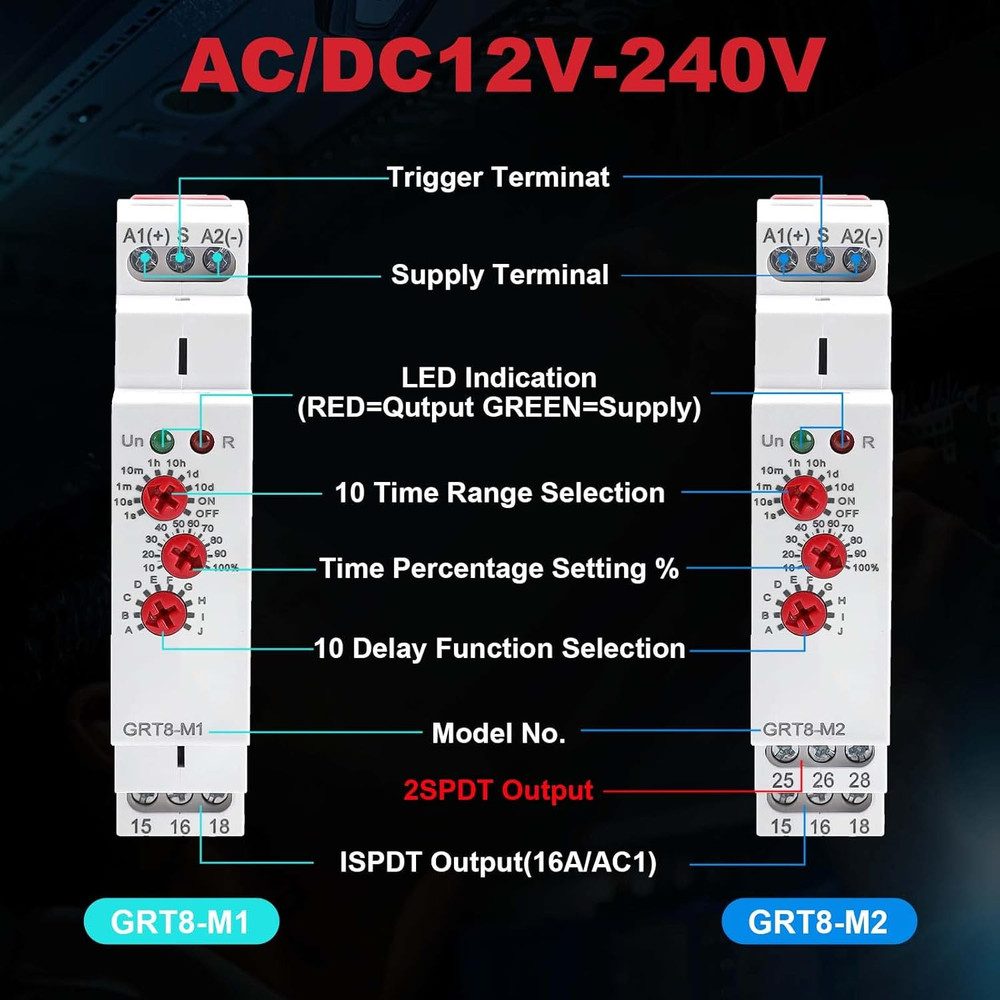 Multifunction Time Delay Relays AC DC 12V-240 Volt, 16A Mini Adjustable Timer Sw