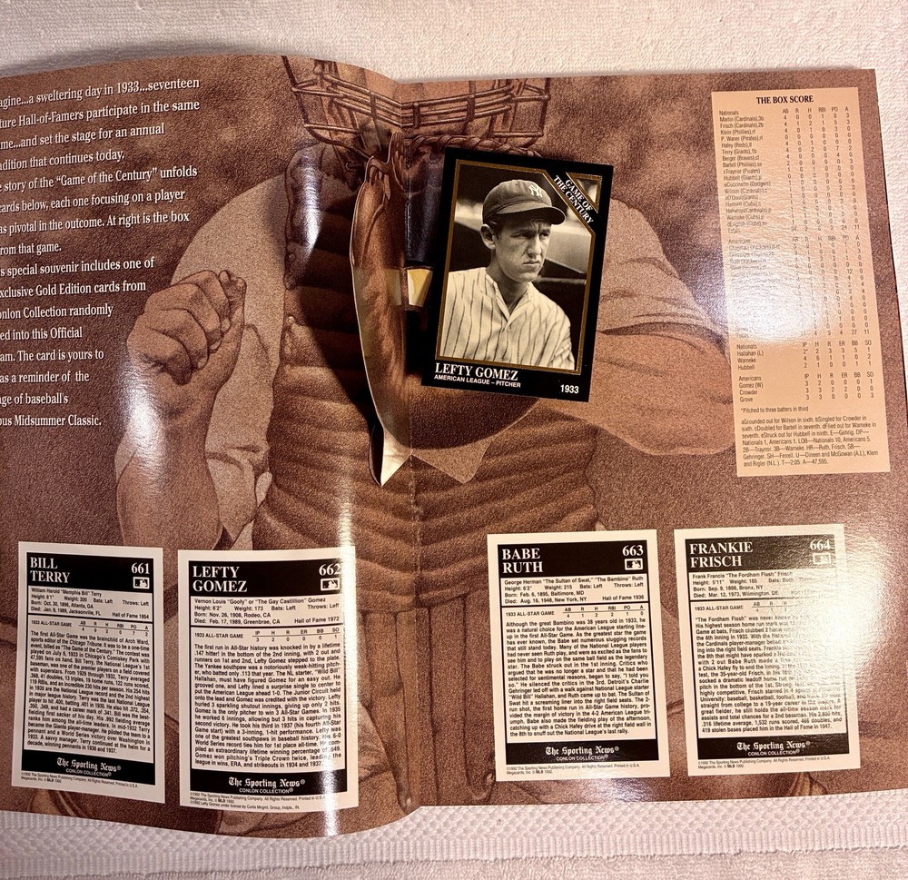 1992 MLB All-Star Game Program - with Lefty Gomez Card