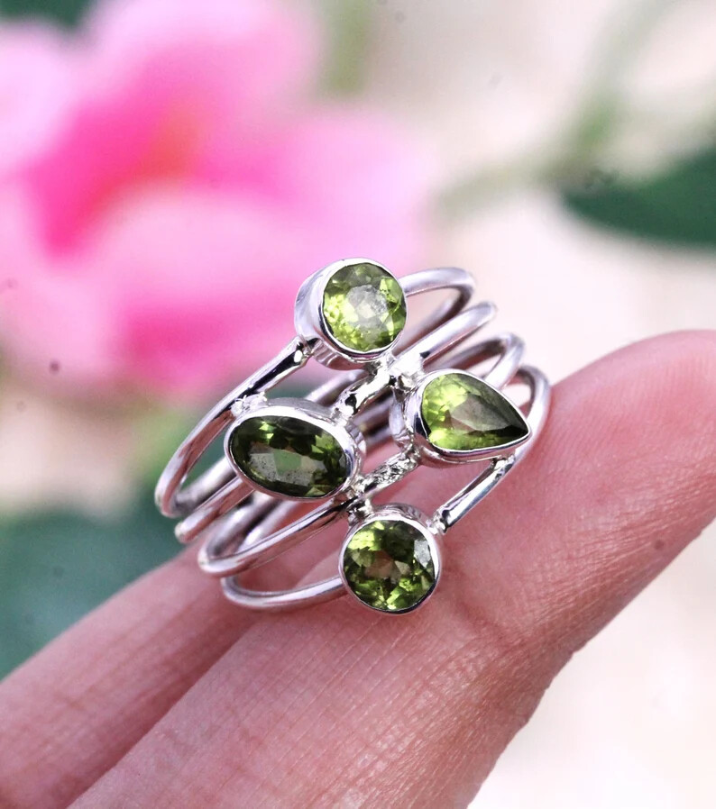 Peridot Multistone Ring 925 Sterling Silver Band & Statement Handmade All size