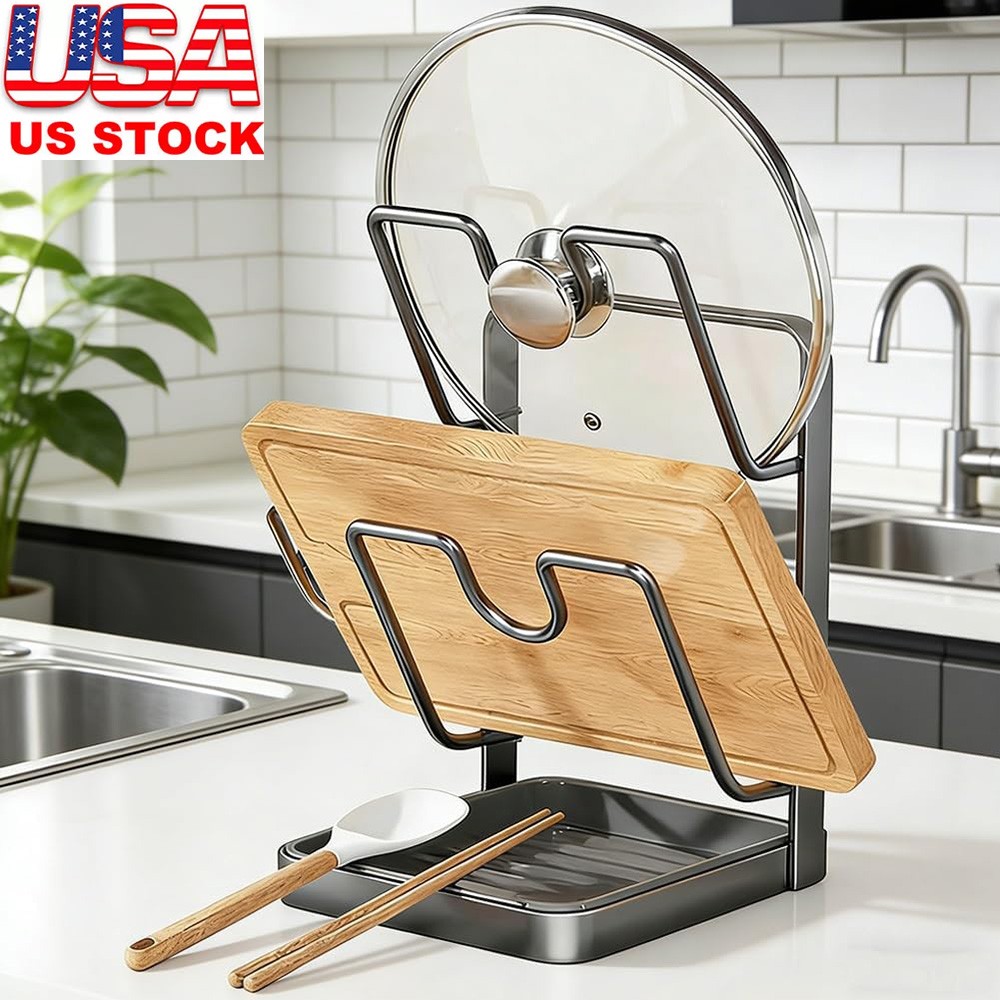 Kitchen Pot Lid Storage Rack Pot Lid Holder While Cooking + Removable Drip Tray