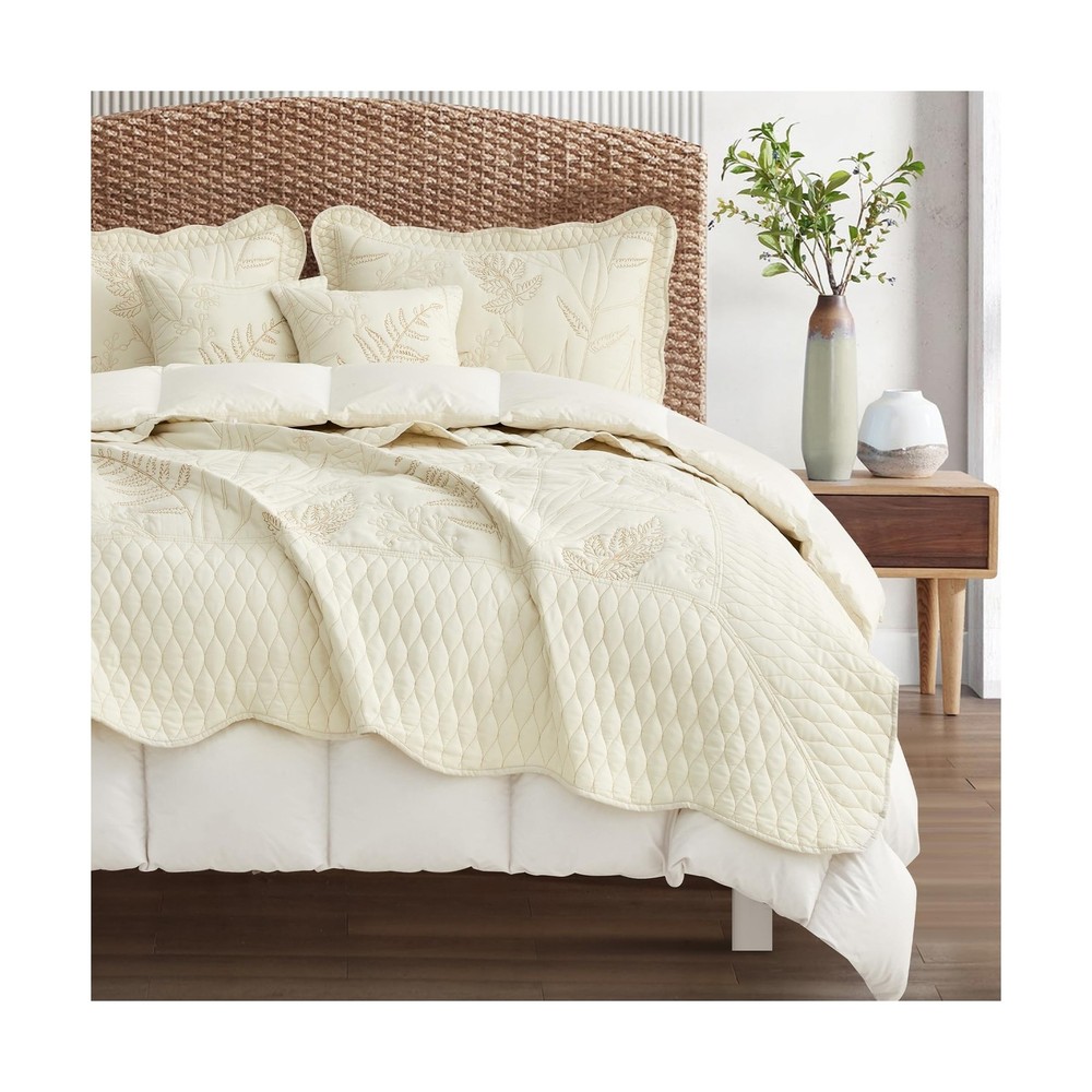 Botanical Oversized Bedspread Queen Size - Leaves Pattern Stitching... Fast Ship