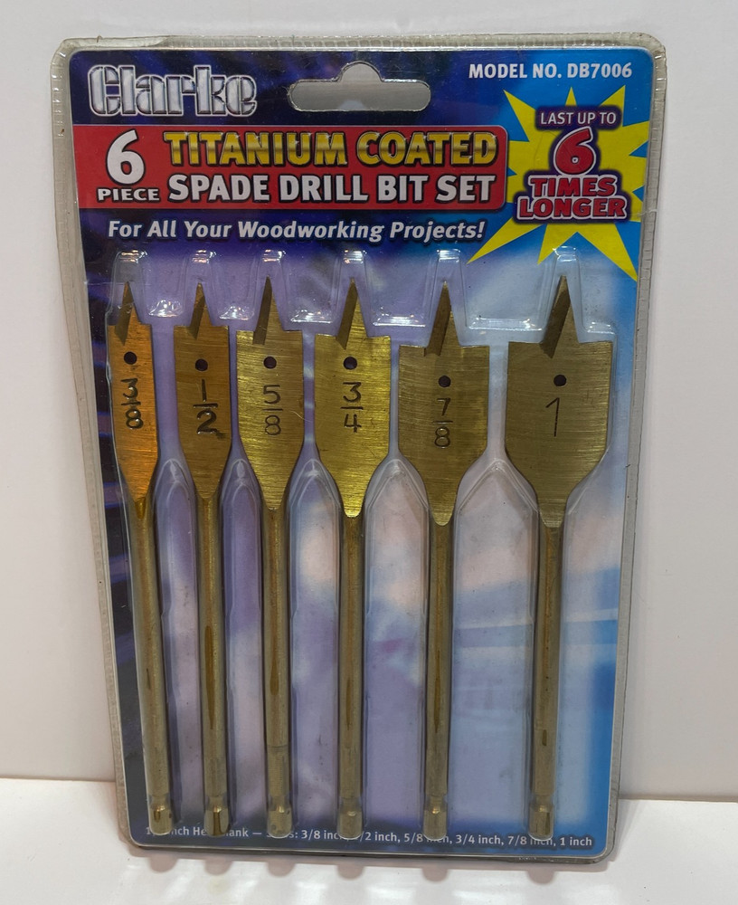 Clarke 6pc Titanium Coated Spade Drill Bits 3/8-1" Part #DB7006 NEW