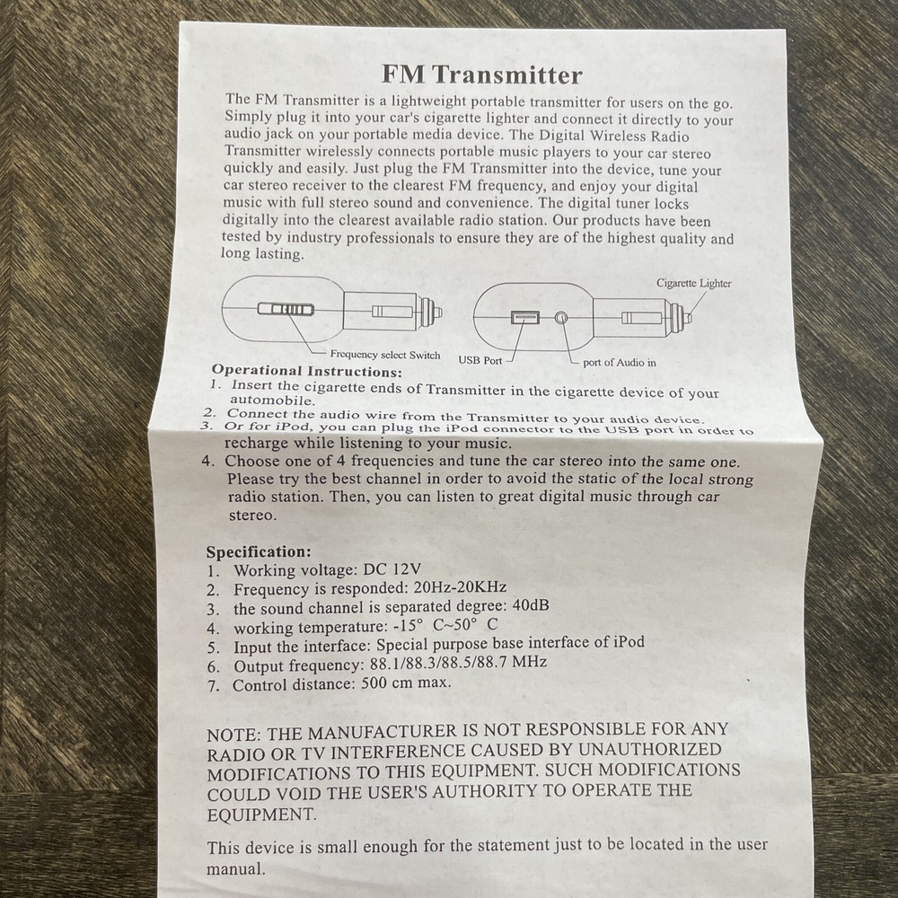 Vivitar FM Transmitter USB Car Charger