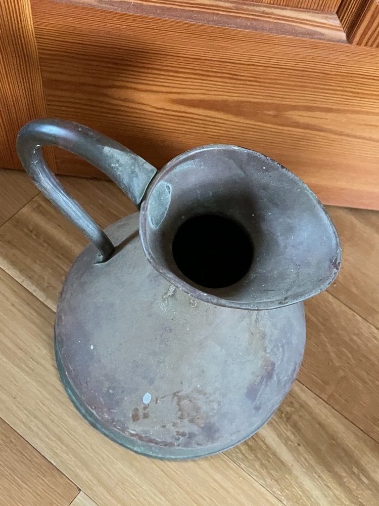 Antique Large Solid Copper Metal Primitive Pitcher w Numbers indicating size –