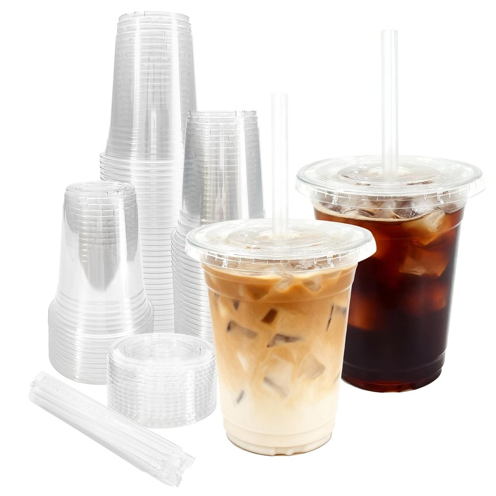 100 Pack 16oz Clear Plastic Cups with Lids and Straws