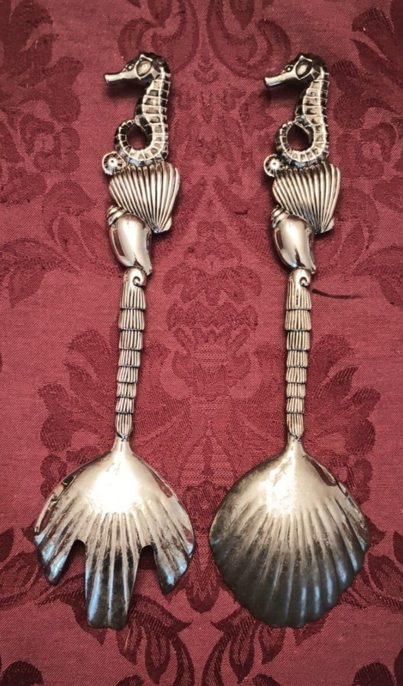 Godinger Seahorse and Shell Silverplate Serving Spoon and Fork - Nice!