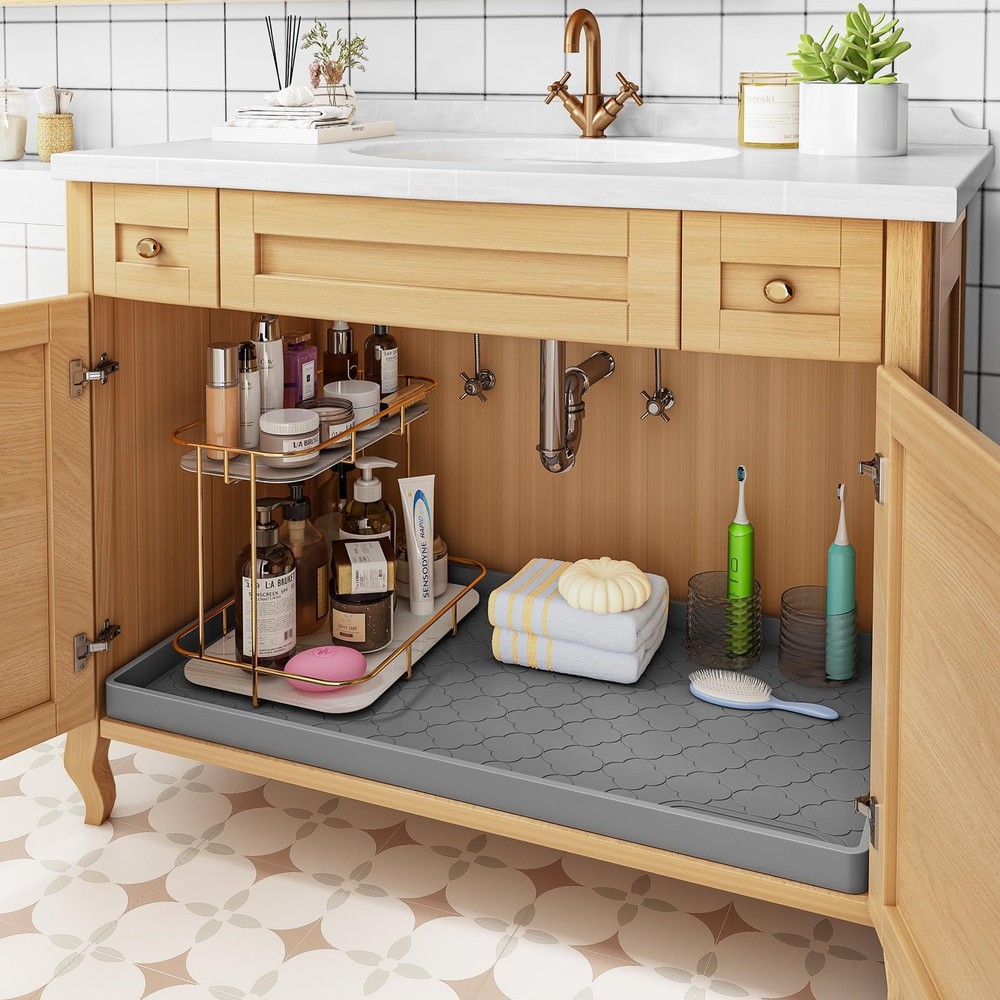 Waterproof Under Sink Mat 34" x 22", Thick Silicone Mat Cabinet Protector for...