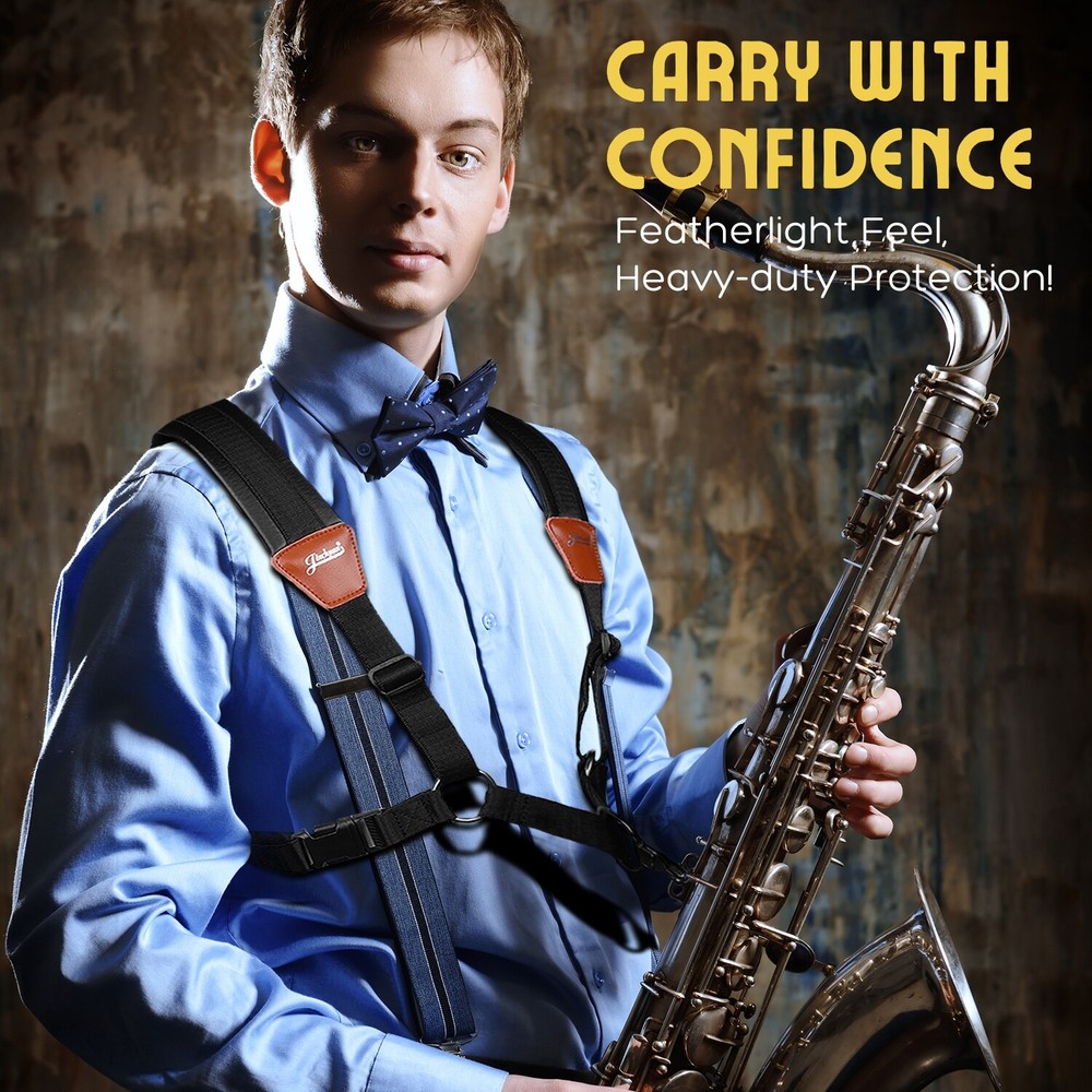 Professional Saxophone Shoulder Strap w/ Adjustable Chest Harness Design, Black