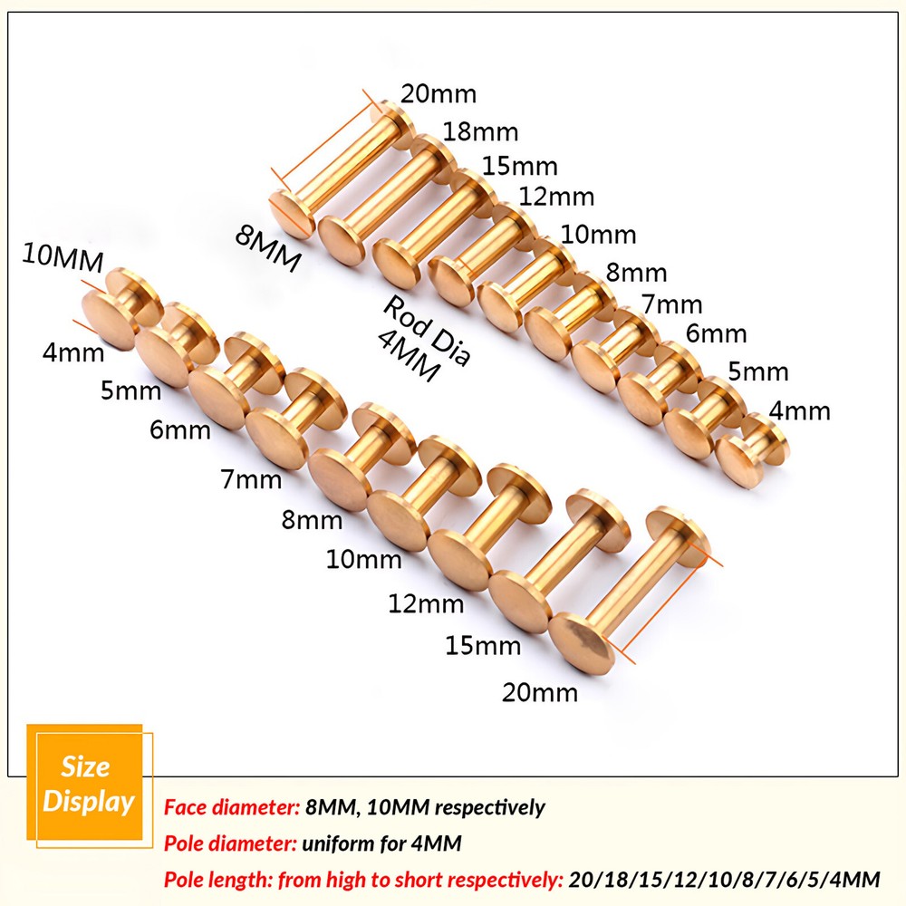 Solid Brass Screw Rivets Arc Head Leather Craft Hardware Durable Bags Books DIY