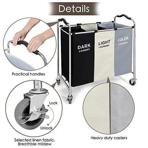 Laundry Basket with Wheels, 240l Laundry Hamper with 3 Section Laundry White